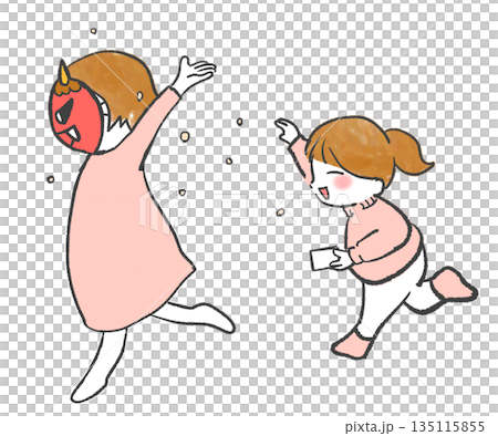 A girl throwing beans at a demon and a woman wearing a demon mask 135115855