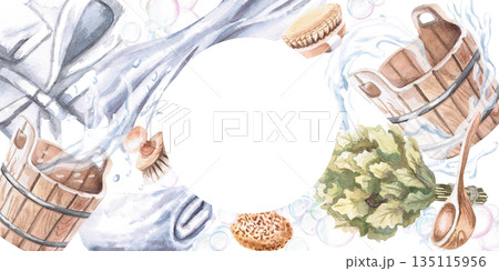Rectangular frame with sauna accessories. Isolated watercolor illustration for print design for spas, saunas, and bathhouses. Rectangular frame with sauna accessories. Isolated watercolor illustration for print design for spas, saunas, and bathhouses. 135115956