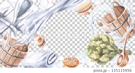 Rectangular frame with sauna accessories. Isolated watercolor illustration for print design for spas, saunas, and bathhouses. Rectangular frame with sauna accessories. Isolated watercolor illustration for print design for spas, saunas, and bathhouses. 135115956