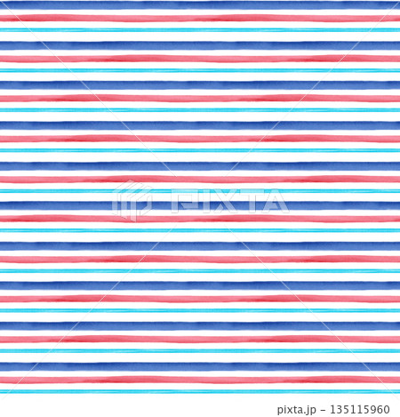 A seamless pattern with blue, red, and turquoise stripes on a blue background. This hand-drawn watercolor illustration is perfect for swimming pool decor, children's rooms, and themed party designs. 135115960