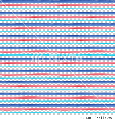 A seamless pattern with blue, red, and turquoise stripes on a blue background. This hand-drawn watercolor illustration is perfect for swimming pool decor, children's rooms, and themed party designs. 135115960
