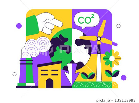 Carbon Footprint Reduction Illustration Featuring Environmental Pollution Impact Analysis With CO2 Effects On Nature Climate And Ecological Balance 135115995