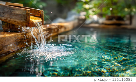 木製の湯口から流れ出る美しい温泉の湯 135116083