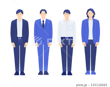 IT企業や代理店の営業チーム。スーツとオフィスカジュアルの男性。おしゃれな若手ビジネスマンのセット。 IT企業や代理店の営業チーム。スーツとオフィスカジュアルの男性。おしゃれな若手ビジネスマンのセット。 135116085