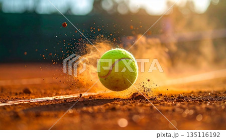 Dynamic close-up of a yellow tennis ball bouncing on a clay court, kicking up dust and illuminated by warm sunset light 135116192