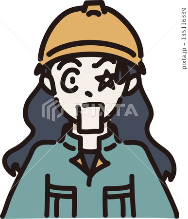 ヘルメットをかぶり作業服を着たとても驚いた表情の女性のイラスト 緑色の制服 ヘルメットをかぶり作業服を着たとても驚いた表情の女性のイラスト 緑色の制服 135116339