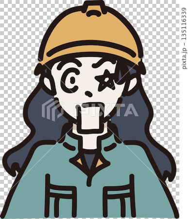 ヘルメットをかぶり作業服を着たとても驚いた表情の女性のイラスト 緑色の制服 ヘルメットをかぶり作業服を着たとても驚いた表情の女性のイラスト 緑色の制服 135116339