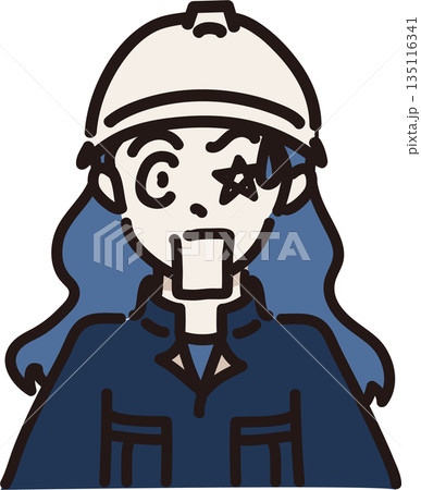 ヘルメットをかぶり作業服を着たとても驚いた表情の女性のイラスト 紺色の制服 ヘルメットをかぶり作業服を着たとても驚いた表情の女性のイラスト 紺色の制服 135116341