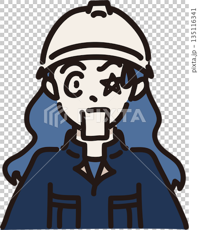 ヘルメットをかぶり作業服を着たとても驚いた表情の女性のイラスト 紺色の制服 ヘルメットをかぶり作業服を着たとても驚いた表情の女性のイラスト 紺色の制服 135116341