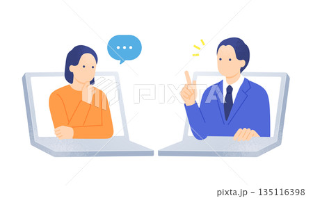 カスタマーサポート。BtoCの個人向けサポートのイメージ。 オンラインでお客様の質問に答える男性。 135116398