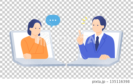 客戶支援。 B2C個人支援圖片。一名男子在線上回答客戶問題。 135116398