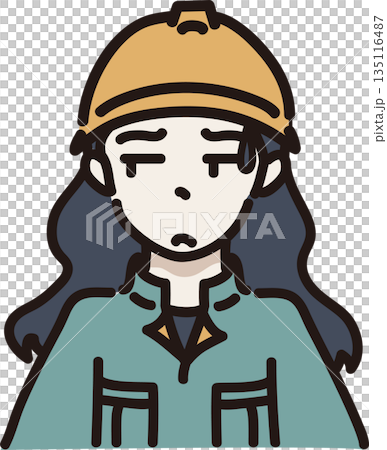 圖:一名戴著頭盔、身穿工作服的女性,身上印有令人不快的訊息。綠色制服 圖:一名戴著頭盔、身穿工作服的女性,身上印有令人不快的訊息。綠色制服 135116487