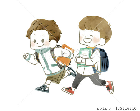本を持って走っている2人の小学生-水彩 135116510