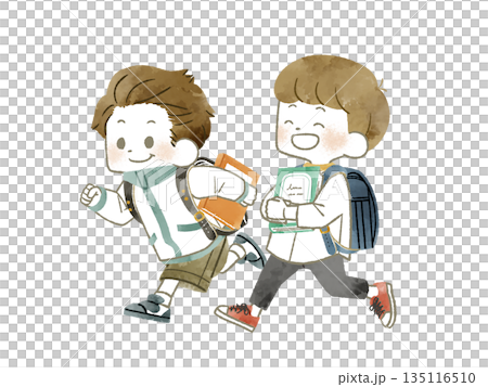 本を持って走っている2人の小学生-水彩 135116510