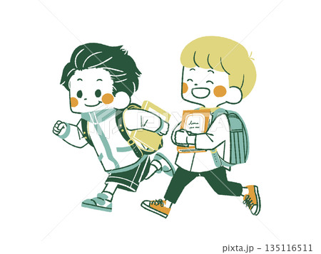 本を持って走っている2人の小学生-4色 本を持って走っている2人の小学生-4色 135116511