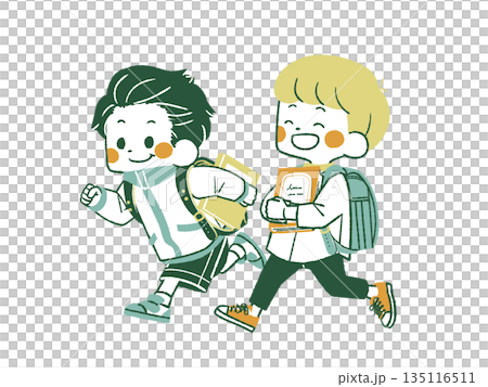 Two elementary school students running with books - 4 colors Two elementary school students running with books - 4 colors 135116511