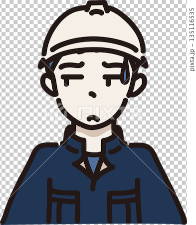 Illustration of a man wearing a helmet and work clothes with a displeased expression, navy blue uniform Illustration of a man wearing a helmet and work clothes with a displeased expression, navy blue uniform 135116535