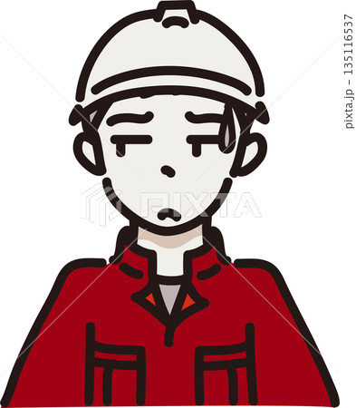 ヘルメットをかぶり作業服を着た嫌そうな表情の男性のイラスト　赤色の制服 135116537