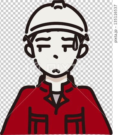 Illustration of a man wearing a helmet and work clothes with a displeased expression. Red uniform Illustration of a man wearing a helmet and work clothes with a displeased expression. Red uniform 135116537