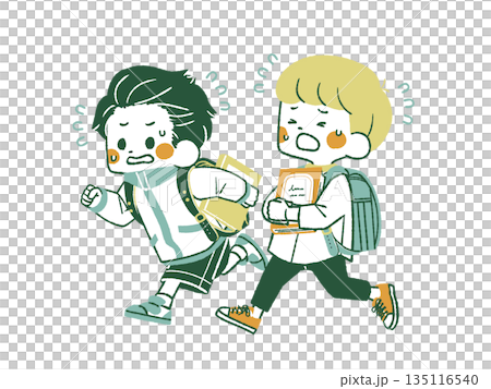 Two elementary school students running in a hurry with books - 4 colors 135116540