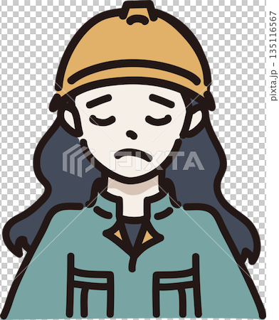 Illustration of a woman with a troubled expression wearing a helmet and work clothes, green uniform 135116567