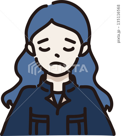 作業服を着た困った表情の女性のイラスト　紺色の制服 135116568