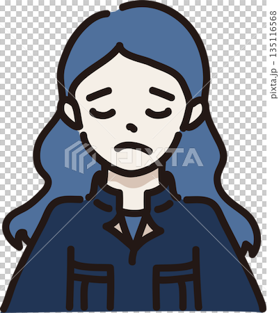 Illustration of a woman with a troubled expression wearing work clothes, navy blue uniform Illustration of a woman with a troubled expression wearing work clothes, navy blue uniform 135116568