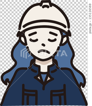 Illustration of a woman with a troubled expression wearing a helmet and work clothes, navy blue uniform Illustration of a woman with a troubled expression wearing a helmet and work clothes, navy blue uniform 135116569