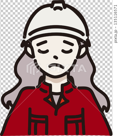 Illustration of a woman with a troubled expression wearing a helmet and work clothes, red uniform Illustration of a woman with a troubled expression wearing a helmet and work clothes, red uniform 135116571