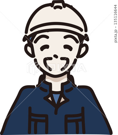 ヘルメットをかぶり作業服を着た満面の笑みの男性のイラスト　紺色の制服 135116644