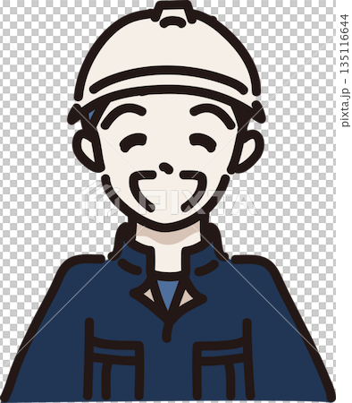 ヘルメットをかぶり作業服を着た満面の笑みの男性のイラスト　紺色の制服 135116644