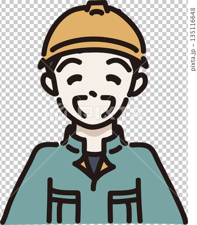 Illustration of a smiling man wearing a helmet and work clothes, green uniform Illustration of a smiling man wearing a helmet and work clothes, green uniform 135116648