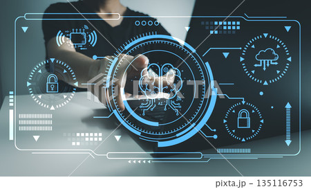 User working on a laptop with AI technology, finger pointing at artificial intelligence interface. Concept of technology, internet, innovation, smart working, digital transformation, automation, and f 135116753