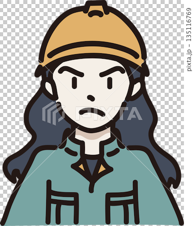 Illustration of an angry-looking woman wearing a helmet and work clothes, green uniform 135116769