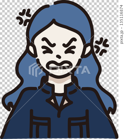 Illustration of an angry woman wearing work clothes, navy blue uniform Illustration of an angry woman wearing work clothes, navy blue uniform 135116874