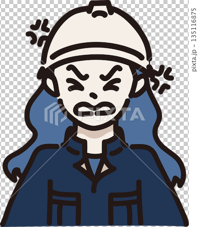 Illustration of an angry woman wearing a helmet and work clothes, navy blue uniform Illustration of an angry woman wearing a helmet and work clothes, navy blue uniform 135116875