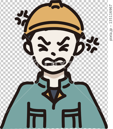 Illustration of an angry man wearing a helmet and work clothes, green uniform Illustration of an angry man wearing a helmet and work clothes, green uniform 135116967