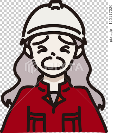 ヘルメットをかぶり作業服を着た泣きそうな女性のイラスト　赤色の制服 135117026