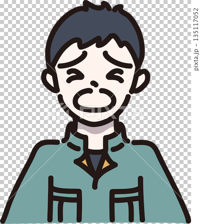 作業服を着た泣きそうな男性のイラスト　緑色の制服 135117052