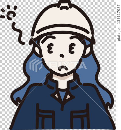Illustration of a sleepy woman wearing a helmet and work clothes, navy blue uniform 135117087