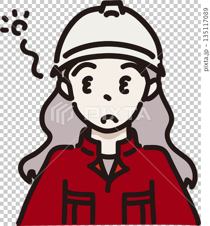 圖：一位戴著頭盔、身穿工作服（紅色制服）的昏昏欲睡的女子。 135117089