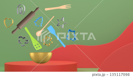 Set of baking bowl, cookie cutters, and wooden kitchen utensils suspended mid-air on abstract background, culinary concept 135117098