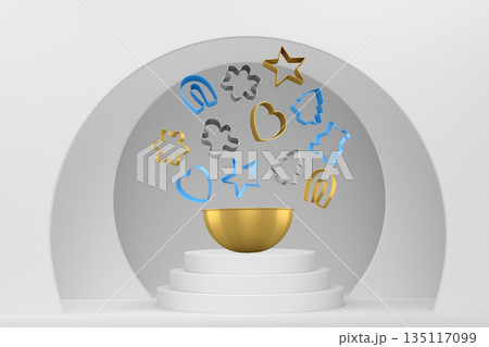 Set of cookie cutters float above a bowl and podium with abstract background, symbolizing baking creativity 135117099