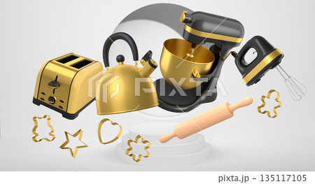 Set of kitchen appliances with baking tools and cookie cutters floating over podium, concept of modern cooking Set of kitchen appliances with baking tools and cookie cutters floating over podium, concept of modern cooking 135117105