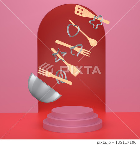 Set of baking bowl, cookie cutters, and wooden kitchen utensils suspended mid-air on abstract background, culinary concept 135117106