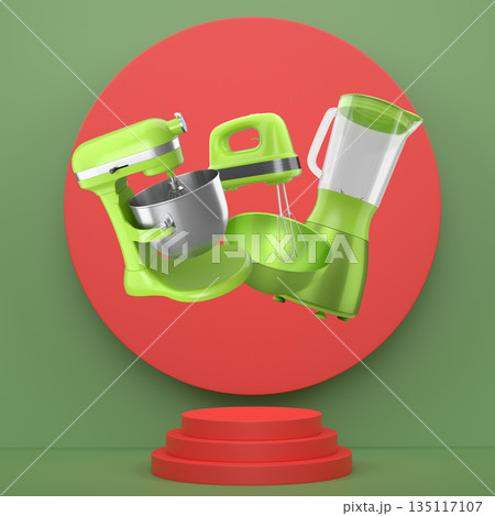 Electric kitchen appliances including mixer, blender and whisk floating on abstract background, concept of modern cooking tools 135117107
