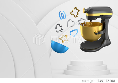 Set of kitchen tools including mixer, bowl and cookie cutters float above pedestal and abstract background. Set of kitchen tools including mixer, bowl and cookie cutters float above pedestal and abstract background. 135117108