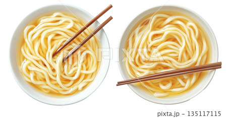 Japanese udon noodles served in light broth, top view and isolated on white background, representing Japanese cuisine 135117115