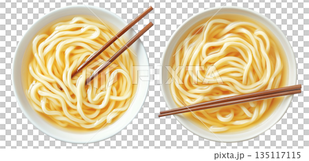 Japanese udon noodles served in light broth, top view and isolated on white background, representing Japanese cuisine 135117115
