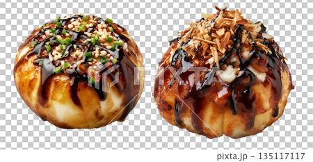 Japanese takoyaki ball topped with thick sauce, green onions and bonito flakes, isolated on white transparent background 135117117